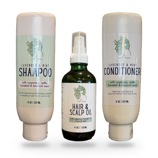Wild Mane Hair Care Kit: Lavender & Mint Shampoo, Conditioner and Hair & Scalp Oil